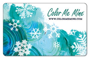 Color Me Mine logo and snowflakes over a green and blue brushstroke background.